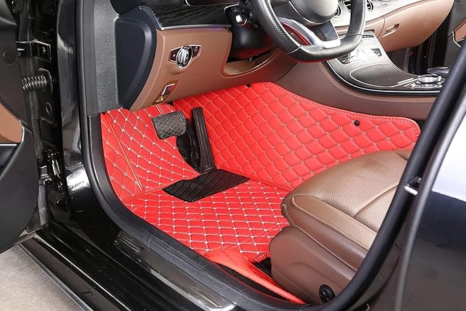 Custom Car Floor Mats Fit 96% Car Model Luxury Leather Waterproof Anti-Skid Full Coverage Liner Front Rear Mat/Set (Red Black)