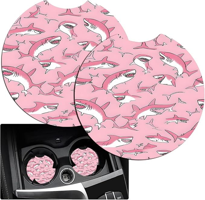 JANENFNA Car Armrest Cover Pads Universal Fashion Cute Auto Center Console Armrest Cover Pad with 2PCS Car Coasters Soft Waterproof Car Armrest Seat Protector for Women,Pink Shark Pattern