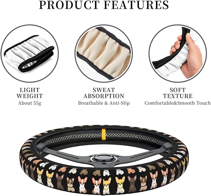 Neoprene Steering Wheel Cover Cute Cartoon Chihuahuas Car Steering Wheel Cover Universal Fit for Most Cars