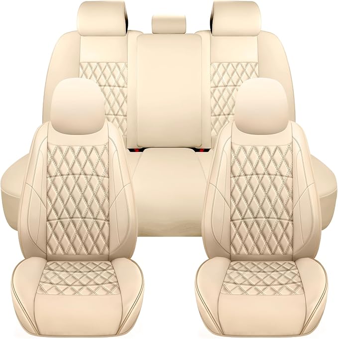 NS YOLO Leather Car Seat Covers,Universal Fit for Most Cars,SUVs and Sedans,Waterproof Luxury Leatherette Cushions, 5 Seats Protectors (Beige, Full Set-5 Seats(Front and Rear))