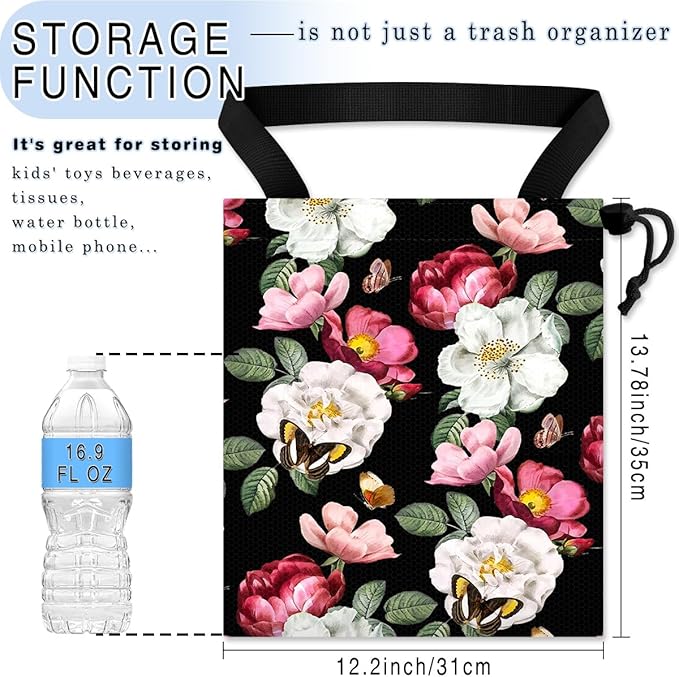 GEGEPINK Car Trash Bag Hanging Back of Seat Waterproof Small Cute Printed One-handed Strap Drawstring Garbage Bags for Car-Black Floral