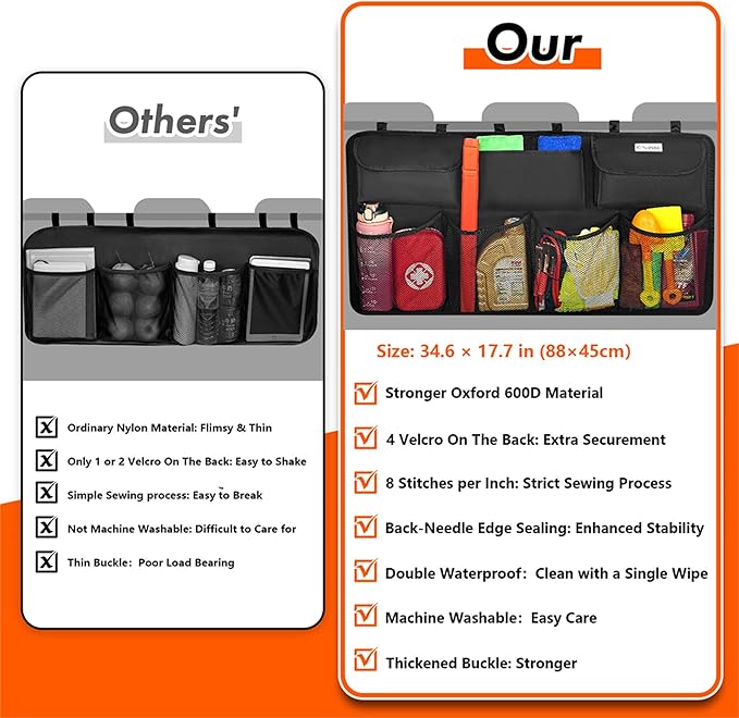 Car Trunk Organizer, Large Capacity Organizers and Storage, Equipped with 7 Durable Pockets, Hanging Trunk Organizer with Hook Side Strips, Sapce-saving Car Accessories Interior