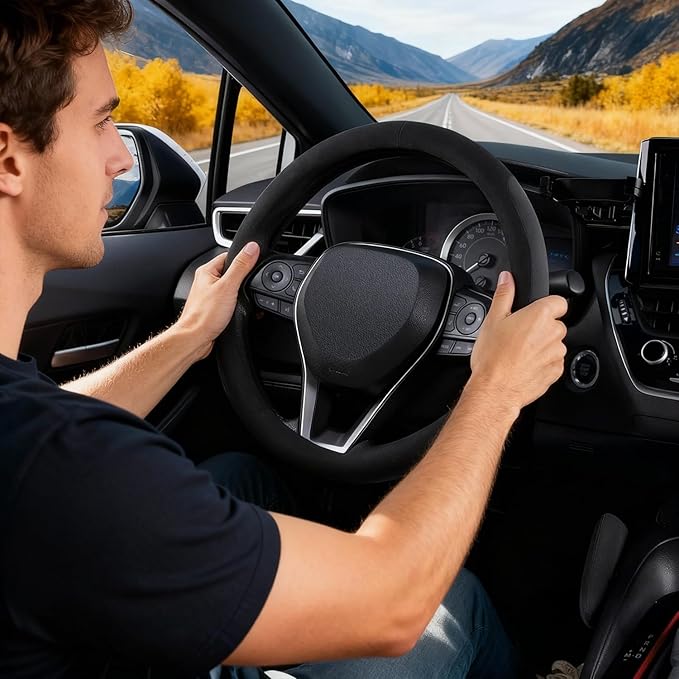 COFIT 15 inch Microfiber Suede Car Steering Wheel Cover, Universal Anti-Slip Grip Protector for SUV Truck, Black & Grey