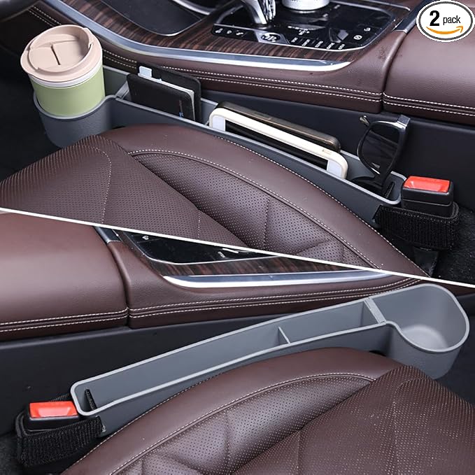 Car Seat Gap Filler, Multifunctional Seat Side Gap Filler with Cup Holder & Organizer, Gap Stopper Universal Fit Car SUV Truck Fill The Gap Between Seat & Console Set of 2 (Gray)