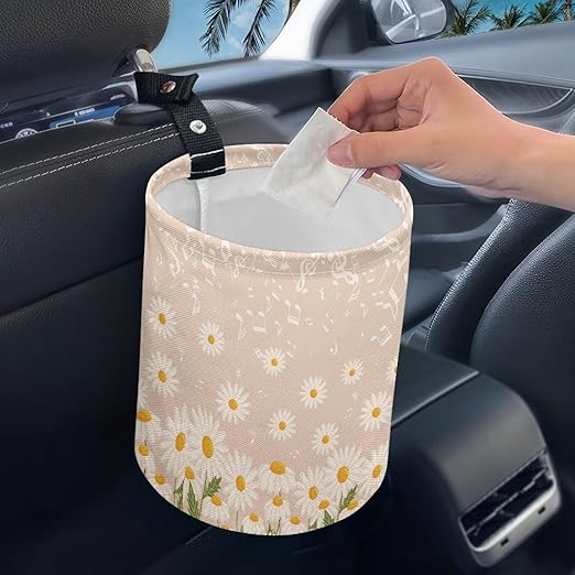 Brosoneto Cute Flower Daisy Car Trash Can Car Bag Accessories Interior Cute Garbage Bin Hanging Portable Dustbin Bin Waste Basket Collapsible Small Trash Can Easy to Clean