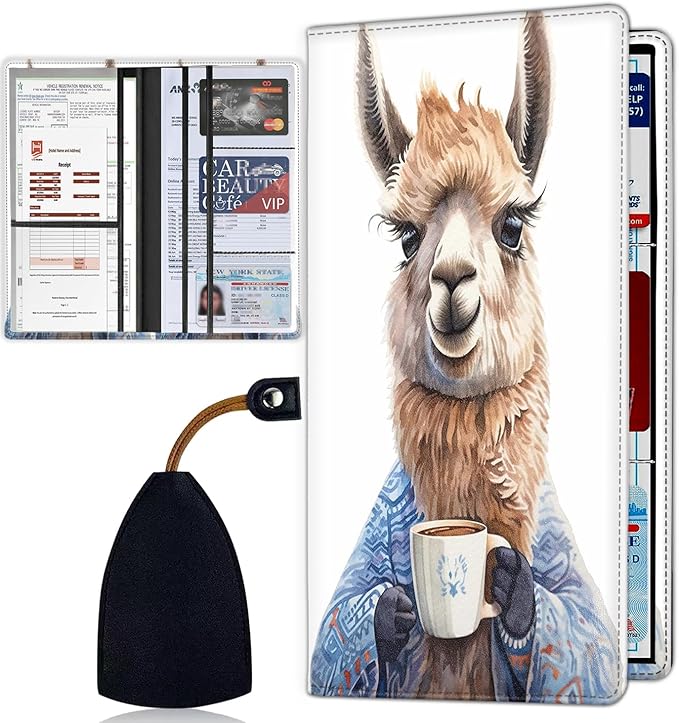 Car Document Holder with Magnetic Shut, Car Registration & Insurance Card Holder, Waterproof PU Leather Glove Box Organizer Vehicle Accessories Driver License for Women/Men, Llama with Coffee