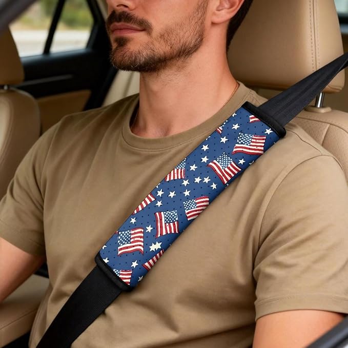 Qeluxign American Flag Star 5 Piece Car Accessories Set with 2 PU Leather Seat Covers, 2 Belt Pads & 1 Armrest Cover Fit for Most Vehicles Easy Install & Clean