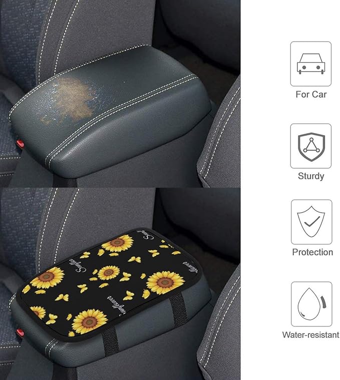 PPIKTC Auto Center Console Armrest Cover Beautiful Butterfly Sunflower, Universal Soft Comfort Handrail Box Cushion for Car, Suitable for Most Vehicles