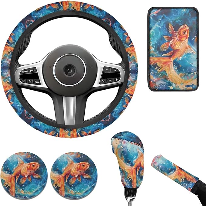Dazzle Goldfish Print Elastic Steering Wheel Protector for Men Women Auto Interior Accessories 6 Pcs Cup Coaster Cars Handbrake Cover Fit Truck Van SUV