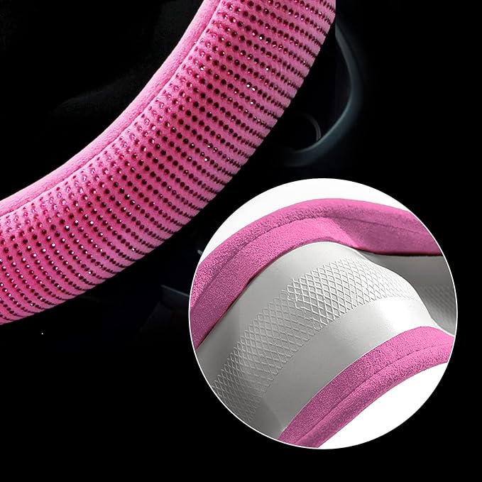 Valleycomfy Steering Wheel Cover for Women Bling Bling Crystal Diamond Sparkling Car SUV Wheel Protector Universal Fit 15 Inch (Rose,Standard Size(14" 1/2-15" 1/4))