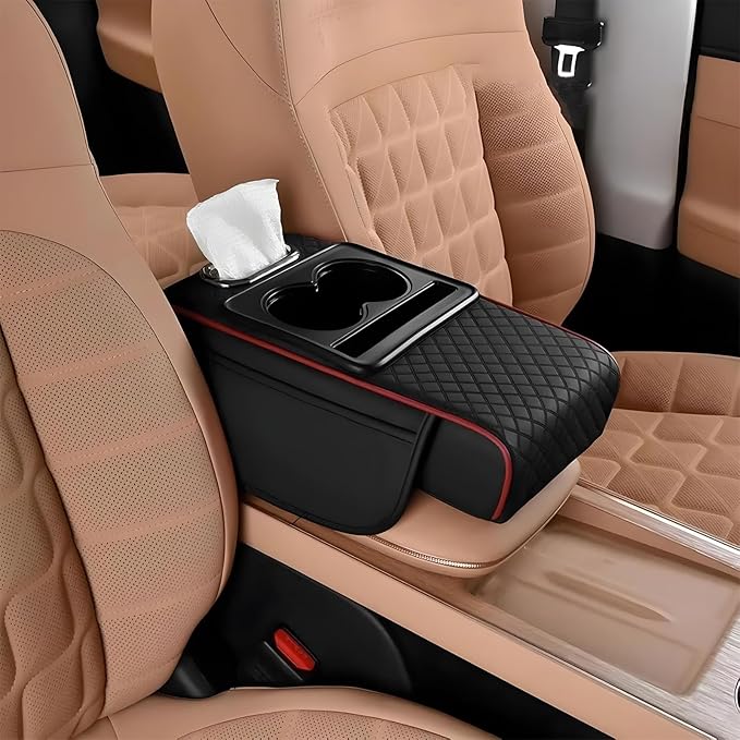 Multifunctional Pu Leather Car Armrest Box Mat With Cup Holders, Universal Armrest Box Pad, With Side Pockets, Easy To Clean Interior Organizer Waterproof For Cars, Trucks, Suvs (Embossed, Black-Red)