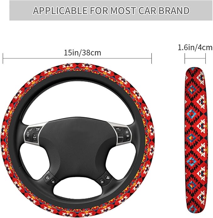 Swono Geometric Red Universal 15" Steering Wheel Covers Traditional Ethnic Tribal Colorful Geometric Pattern Cute Car Steering Wheel Cover for Men Women Girls Car Accessories