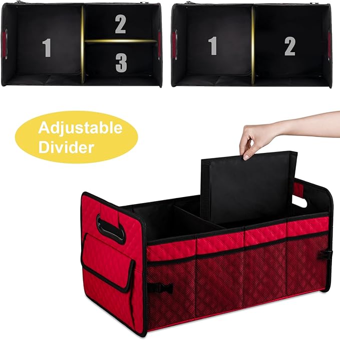 JiatuA Car Trunk Organizers and Storage for SUV, Collapsible Multi Compartment Container Box Adjustable Car Accessories for Women Men, Red