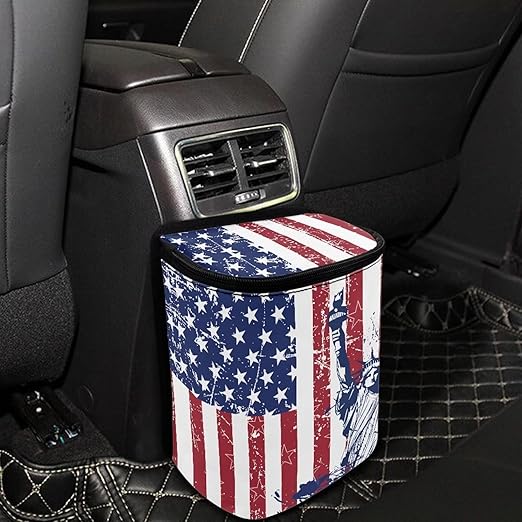 USA Flag Pattern Trash Can with Lid - Leak Proof, Hanging Waterproof Garbage Bag for Car Accessories - Multipurpose Storage Container for Back Seat, Road Trip - Black