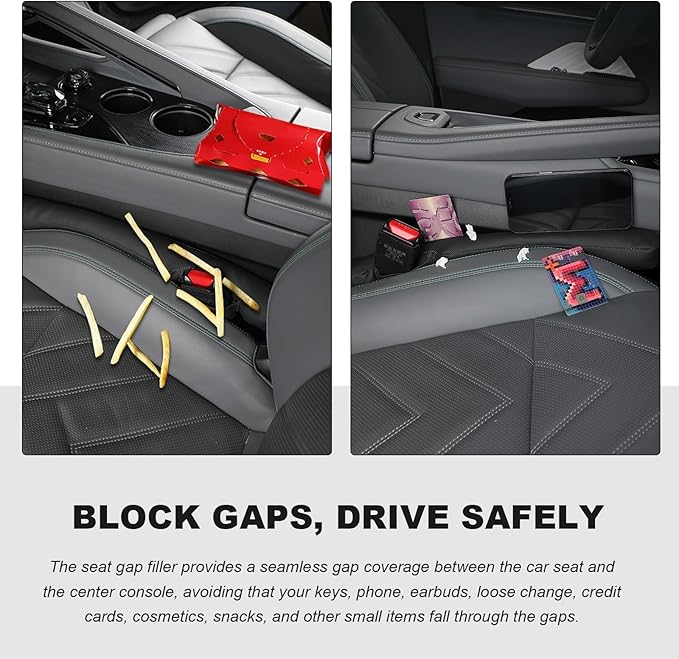 2PCS Leather Car Seat Gap Filler, No-Drop Seat Side Gap Plug Crevice Blocker with Securing Strap, Elastic Filler Block The Gap Between Seats & Console for Truck SUV Sedan (Brown)
