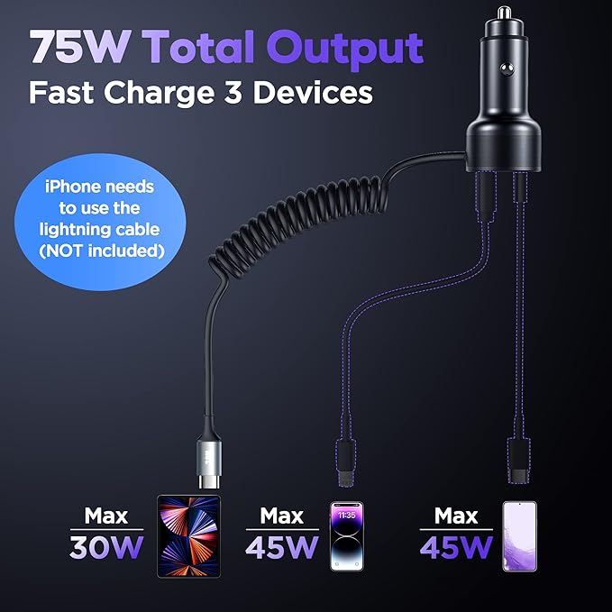 USB C Car Charger, 75W Metal 3-Port Super Fast Car Charger Adapter PD & QC3.0 Built-in 6ft Type C Coiled Cable for Samsung Galaxy S22/21 iPhone iPad Pro Pixel Android Phones
