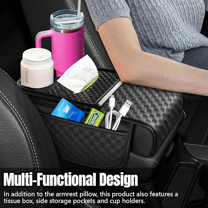 Hovom Car Center Console Armrest Pillow, 13.78"×7.48"×2.76" Leather Arm Rest Cover for Cars, Multifunctional Auto Armrest Cushion Pad with Pocket, Tissue Box & Cup Holder, Car Accessories (Black)