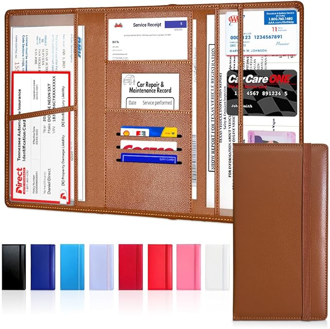 LINTRU Car Registration and Insurance Holder Trifold, Oversized Fit with Reinforced Construction, Matte PU Leather Vehicle Glove Box Organizer for Documents, Car Accessories for Men and Women