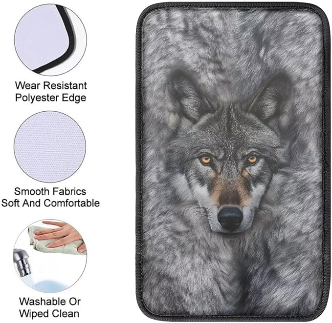 Gray Wolf Center Console Cover Breathable Auto Center Console Pad Animal Print Comfortable Car Armrest Seat Box Cover Protector Universal for Car Sedan Vehicle