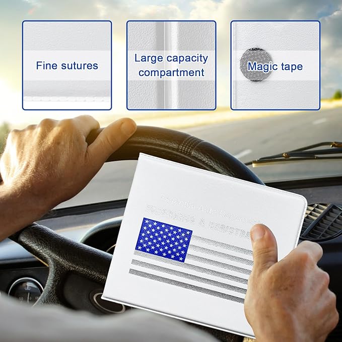 Ziciner Car Registration Insurance Holder, 2Pack Essential Auto Card Document Glove Box Organizer with Touch Fastener, Vehicle Interior Accessories Perfect for Most Car, Truck, SUV (White/Blue Flag)
