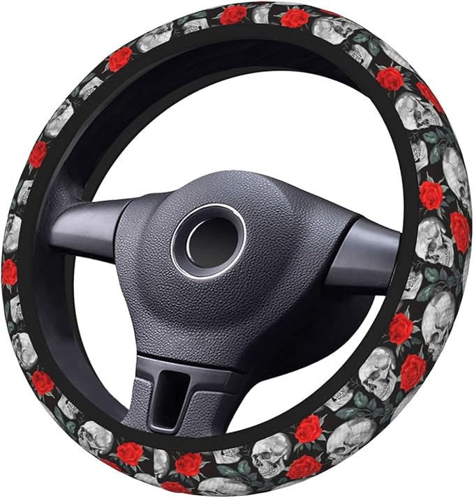 Skull Red Rose Steering Wheel Cover for Women Men Girls, Car Accessories Decor Thickened Anti-Slip Auto Steering Wheel Covers Protector Universal Fit 15 Inch for Cars, Truck, SUV