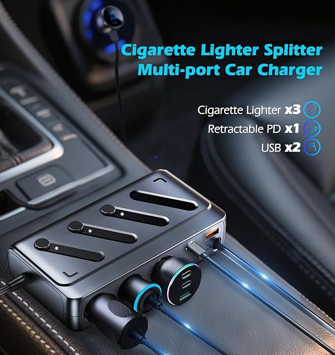 LIHAN Cigarette Lighter Splitter with Retractable Type-C Cable, 3 Sockets & 3 USB Ports (PD45W+QC),12V/24V Car Charger Adapter, LED Voltage Display & Independent Switch for Vehicles/RV/SUV/Truck