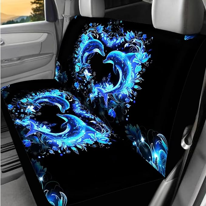 Dngkaoje Neon Dolphin Car Seat Covers Full Set 13 Pcs Auto Seat Accessories with Blue Dolphin Print Hanging Trash Bag,Seatbelt Shoulder Pads,Universal Auto Front and Rear Split Bench Seat Covers Set