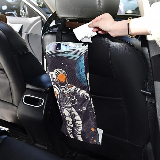 ALAZA Hanging Car Trash Bags Garbage Bag Trash Can for Back Seat Small Astronaut Cartoon 4 Washable Storage Bag Retractable 2 Pack