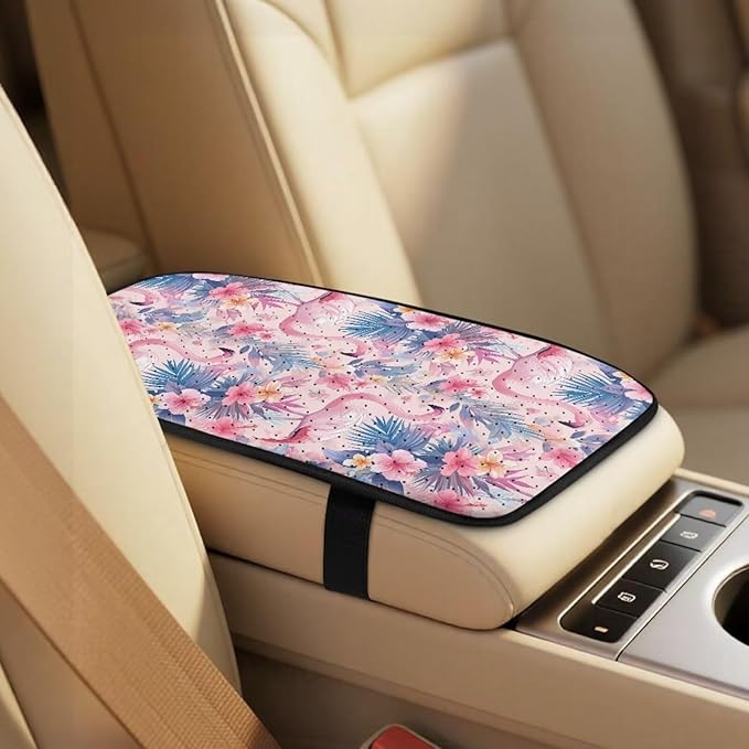 Qeluxign Car Seat Covers Full Set Universal Fit Flamingo Tropical Floral Auto Front Seat Covers and Seatbelt Pads Armrest Cushion Gifts for Women Protect Your Car Interior