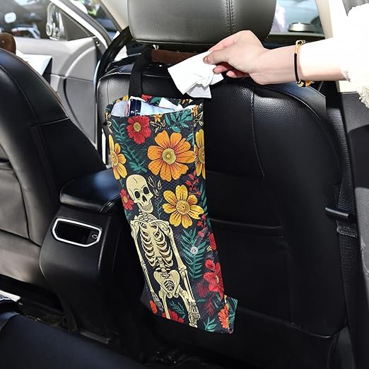ALAZA Hanging Car Trash Bags Garbage Bag Trash Can for Back Seat Small Skeleton and Flower Washable Storage Bag Retractable 2 Pack