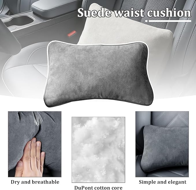 Car Lumbar Support Pillow, Suede Leather Vehicle Driving Seat Lumbar Support Pillow for Lower Back Pain Relief, Auto Interior Back Cushion Pad, Universal for SUV Sedan Truck (Titanium Grey)