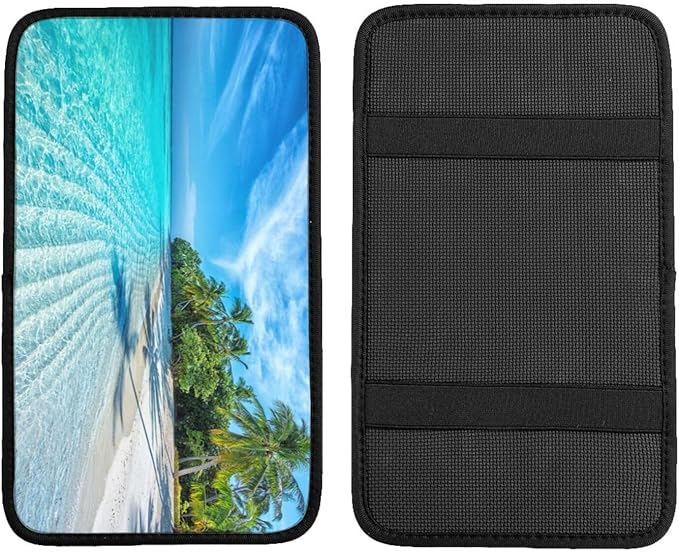 DORKEIXIA Beach Tropical Palm Tree Waves Travel Island Auto Center Console Armrest Pad Universal Car Center Console Cover Seat Box Cover for Sedan, Van, SUV, Truck Car Accessorie
