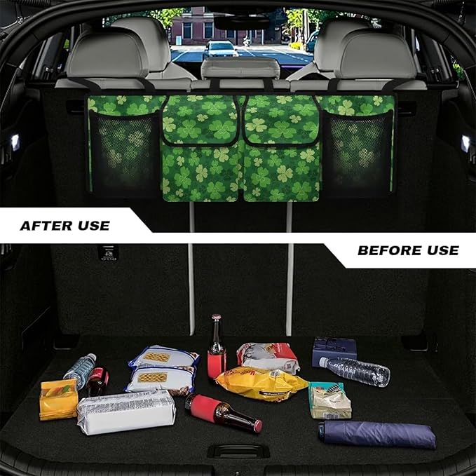 Green Lucky Leaf Car Trunk Organizer, St. Patrick's Day Hanging Seat Back Storage Organizer with Large Pockets, Space-Saving Backseat Car Organizer, Large Capacity Collapsible Bag