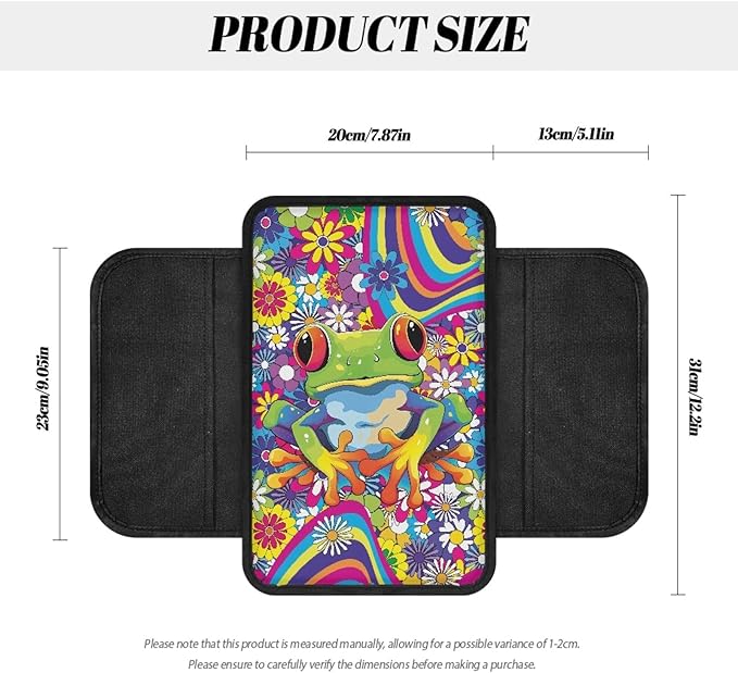 CLOHOMIN Funny Frog Armrest Cover for Car Truck Sedan Hippie Floral Auto Center Console Cover Anti-Scratch Car Center Console Armrest Cushion Accessory with 2 Storage Bags