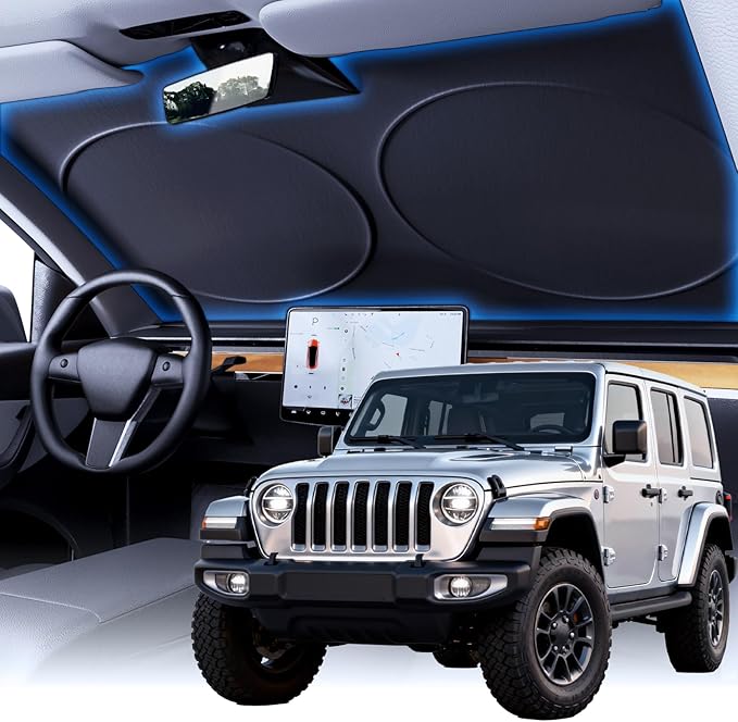 PEMOTech Windshield Sun Shade with Storage Pouch, Thickened Titanium Silver Coating Overlapping Car Window Shades, Blocks 99% Rays & Keeps Interior Cool, Rear View Mirror Compatible (69x35 inches)