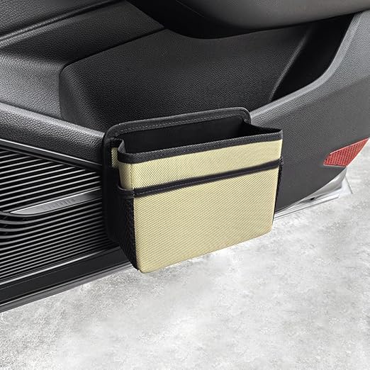 AOWIS Car Trash Can, Foldable Multifunctional Hanging Storage Box Trash Can with a Roll of Garbage Bag, Multi Pocket Design Suitable for Car, Home and Office (Beige)