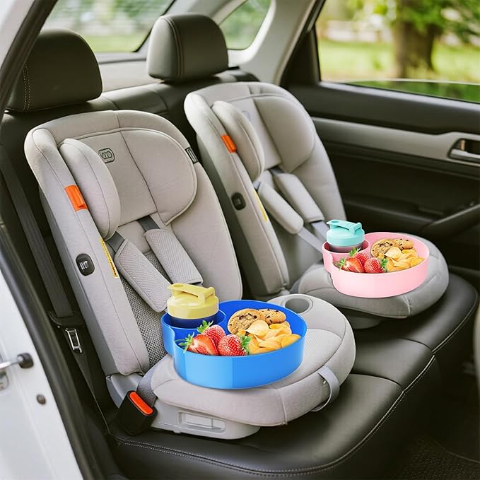 2PCS Car Seat Snack Tray for Kids: Kids Car Tray with Cup Holder, Toddlers Road Trip Essential, Travel Snacks Food Plate Cup Holder (Blue&Pink)