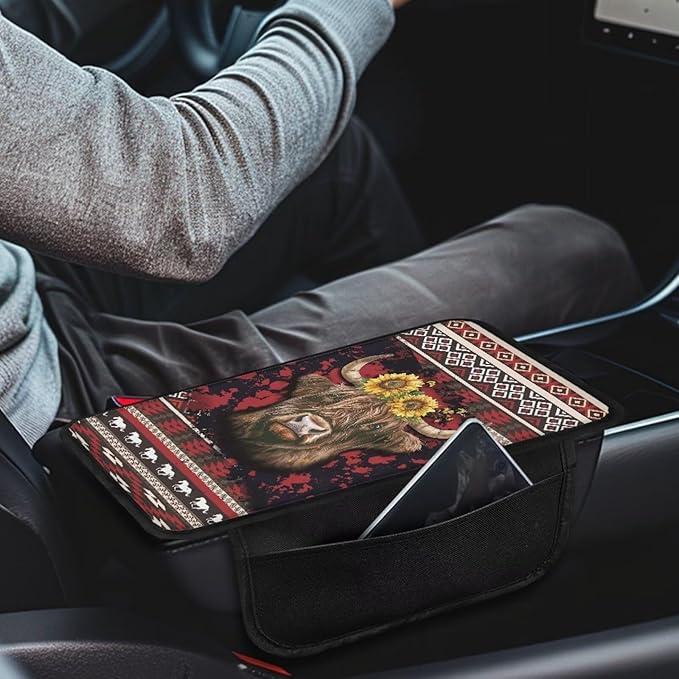 BIGCARJOB Tribal Cow Print Car Armrest Seat Box Cover with Side Storage,Southwest Tribal Print Car Interior Accessories Universal Center Console Armrest Pads for Cars SUV Truck