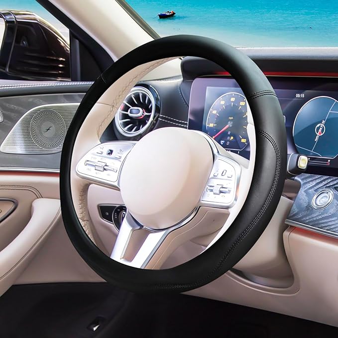 Black Car Steering Wheel Cover, Nappa Leather, Bottom Color Blocking, Fashionable Sporty Style, Universal 14.5-15 Inch Leather Anti-Slip Breathable Auto Steering Wheel Covers for Men Women