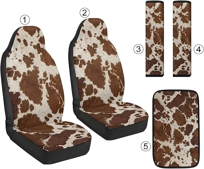 Qeluxign Cow Print Auto Seat Covers with Car Center Console Cover, Belt Cover PU Leather Breathable Full Set Bucket Seat Covers, Pack of 5, Universal Fit for Sedan,SUV