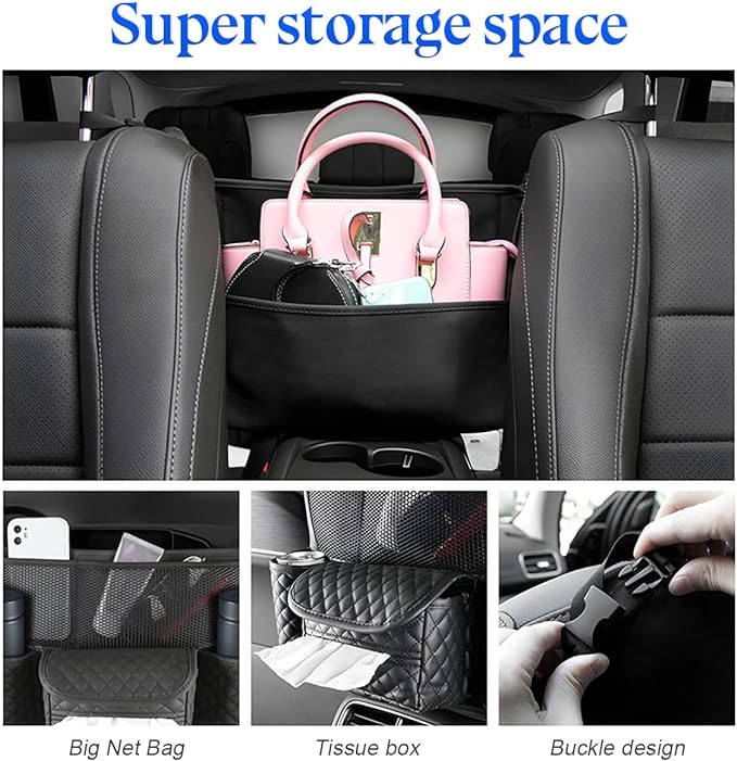 XINLIYA Car Handbag Holder Between Seats, PU Leather Multi-Pocket Large Capacity Purse Holder, Auto Net Bag Barrier of Backseat Pet Kids, Car Seat Organizers and Storage for Cargo Tissue Cup（Beige）