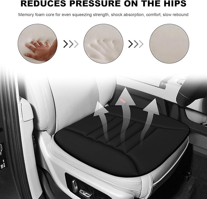 Car Seat Cushion, 1.2" Thick Comfort Memory Foam Auto Seat Pad with Non Slip Bottom, Breathable Driver Seats Pillow Pressure Relief Chair Cushion for Vehicle Office Home (Black)