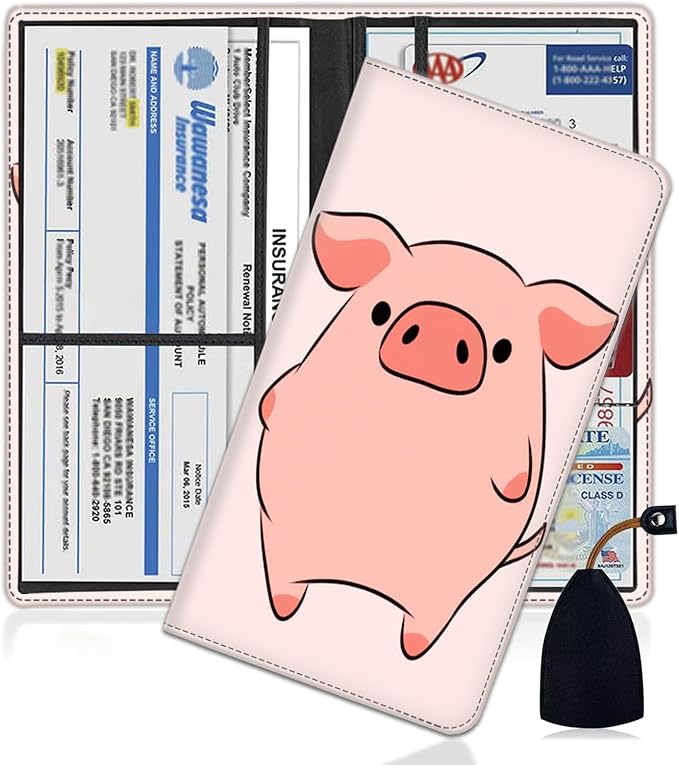 Yuxcfhjfe Car Registration and Insurance Holder, PU Leather Auto Document Holder for Men&Women, Vehicle Glove Box Compartment Organizer with Magnetic Shut for Driver's License, Pink Pig Pattern