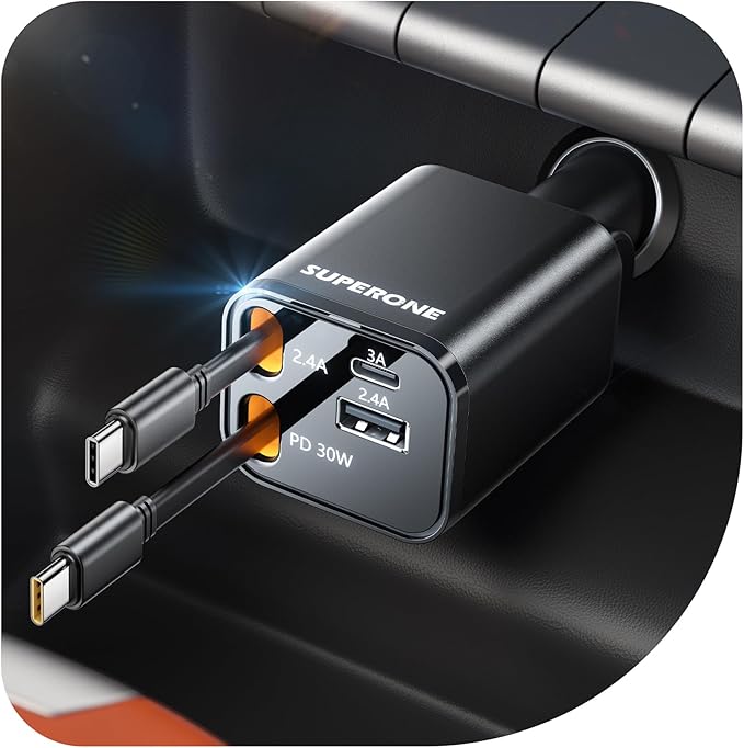 SUPERONE Retractable Car Charger, Car Charger USB C Fast Charging with Dual Type C Cable, Car Accessories Small USBC Car Adapter for iPhone 17/16/15/14/13/12 Series, iPad, Galaxy, Pixel