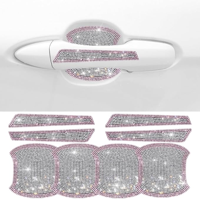 8Pcs Bling Car Door Handle Protector Stickers,Crystal Rhinestone Glitter Car Door Handles Cup Scratch Protectors Decals Universal (Pink White)