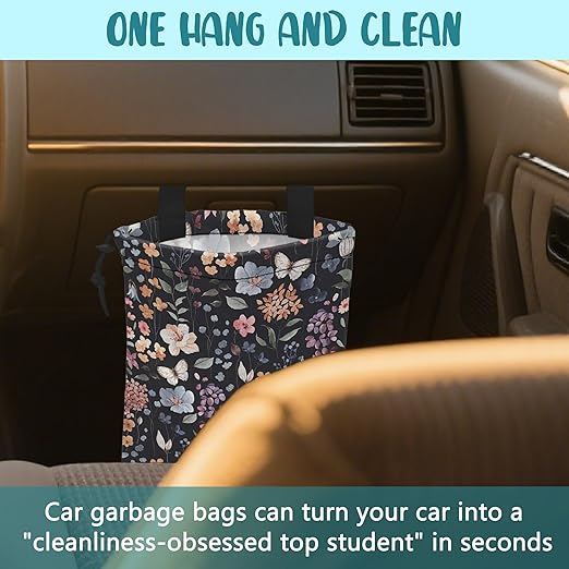 KXWQTRDD Car Garbage Bag Vintage Floral Watercolor Rustic Drawstring Car Trash Bag Hanging for Back Seat with Adjustable Buckle Canvas Vehicle Trash Can Easy-to-Install