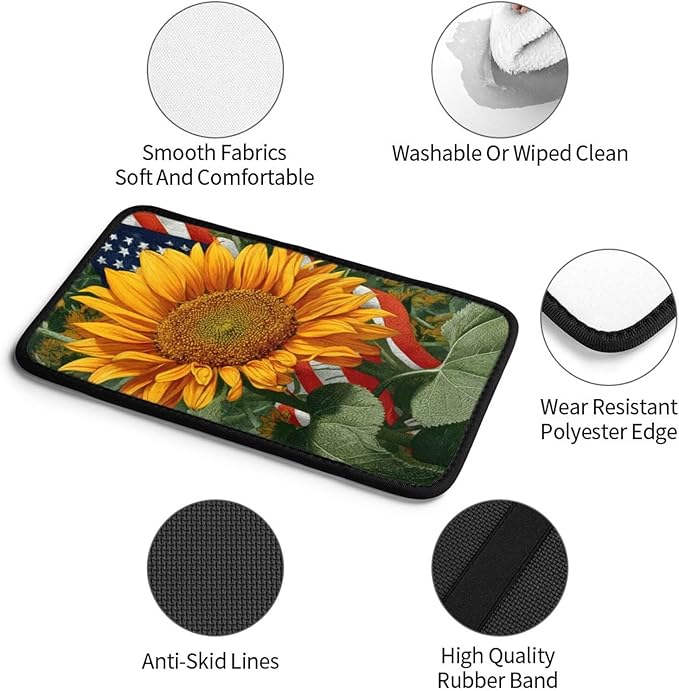 Sunflower Center Console Cover Pad, American Flag Car Armrest Seat Box Cover Cushion Universal for Most Vehicle SUV Truck, Car Interior Accessories Decor, Protect from Pet Claws & Dirt