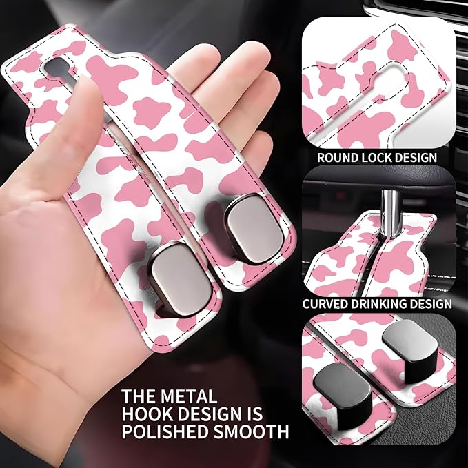 AXBSAKDI Car Seat Back Storage Headrest Hook, Premium Leather Double Metal Hook, Hanger Storage Organizer for Purse Cloth Bag, Car Interior Accessories Pink Cute Cowhide