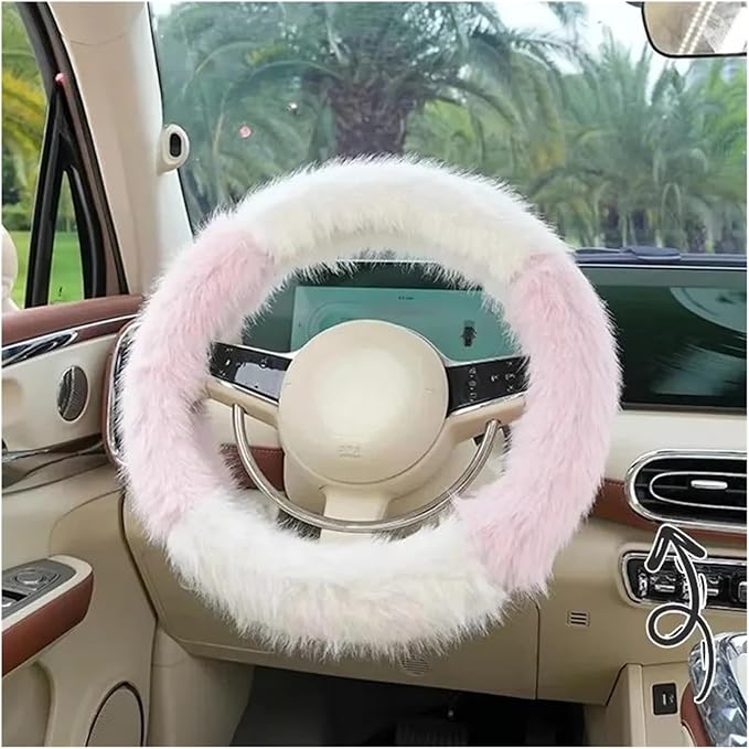 Car Steering Wheel Cover Handlebar Cover for Girls Winter Plush Warm Non-Slip Simple Women's Pink Handlebar Cover(Plush Double Pink)