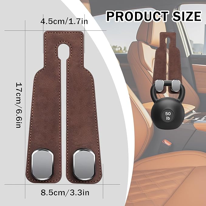 ZWYYTHC 2 Pack Car Seat Back Storage Hook, Headrest Hooks for Car with Metal Hooks, Premium Suede Leather Car Headrest Hooks Universal Car Seat Hooks for Purses, Bags & Groceries(Brown)